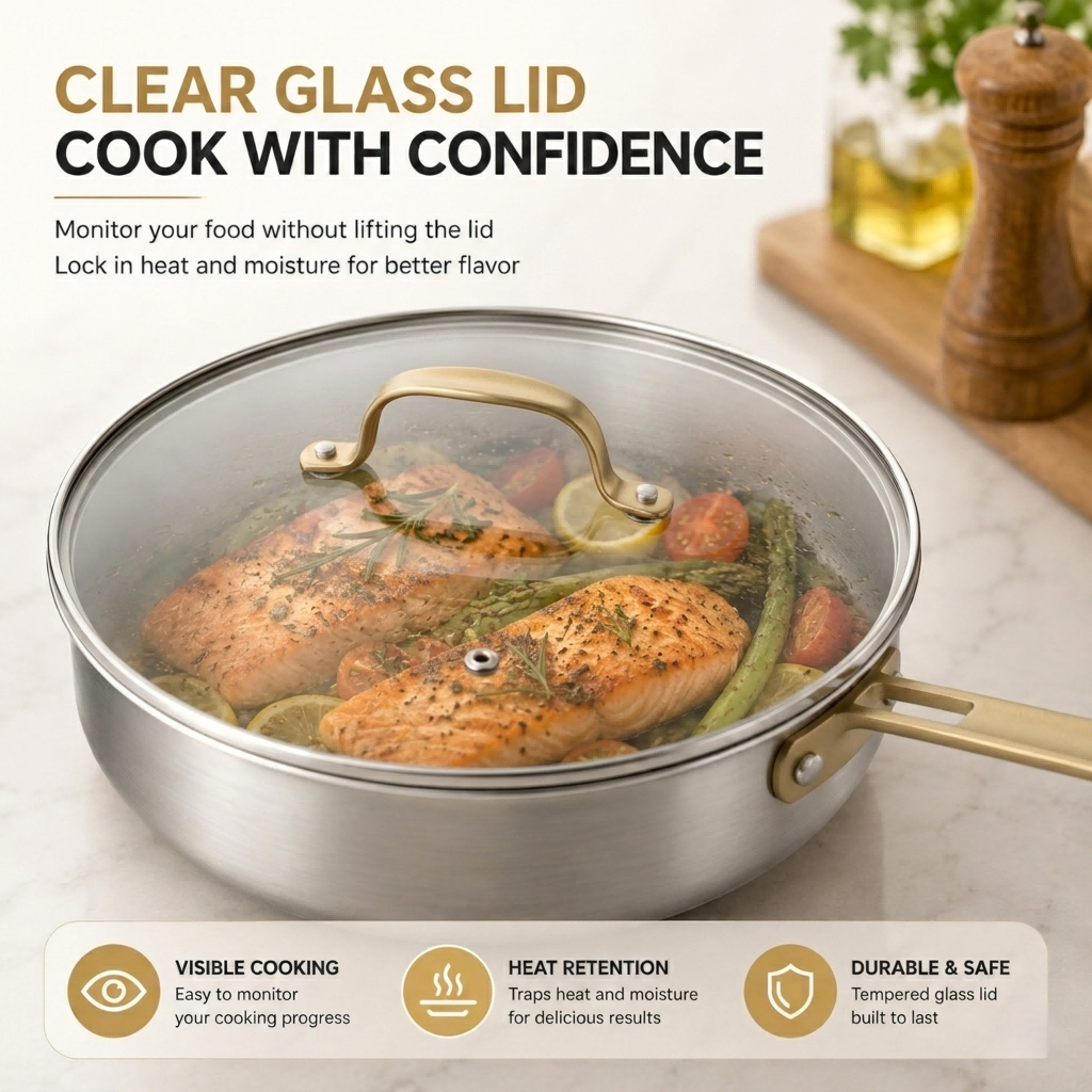Factory New Arrival Multipurpose Tri-Ply Stainless Steel Saute Pan with Cover And Golden Handle Stainless Steel Deep Saute Pan