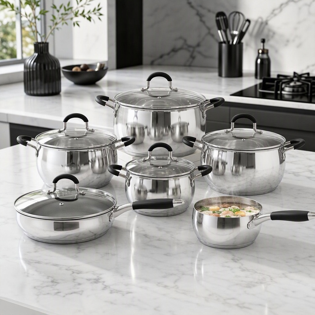 Factory New Arrival 12 PCS Stainless Steel Cookware Set with Handle Brazed Bottom Cookware Set Apple Shape Cookware Casserole