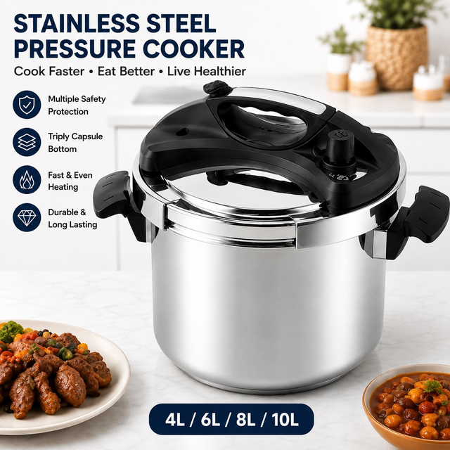 Factory Supply Multi-Functional Stainless Steel Pressure Cooker 4L 6L 8L 10L Sizes Stainless Steel Fast Cooking Pressure Cooker