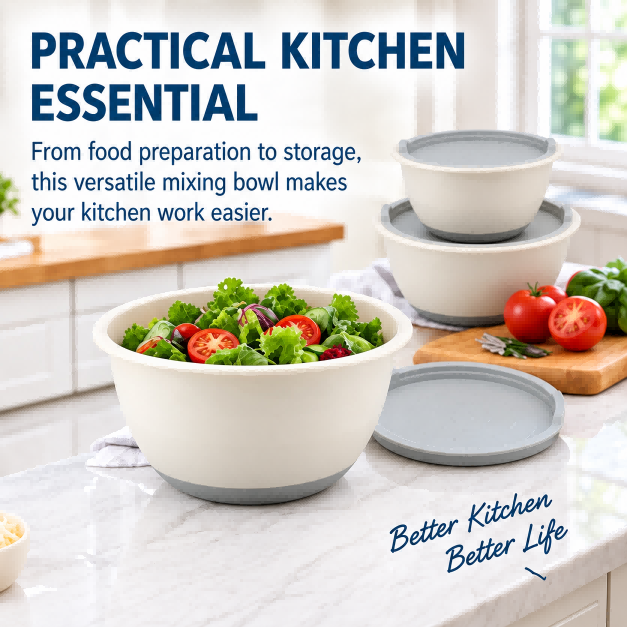3-Piece Eco-Friendly Plastic Kitchen Mixing Bowl Set with PE Lid Versatile Salad Bowl Non Slip Nesting for Salad Cooking Baking 