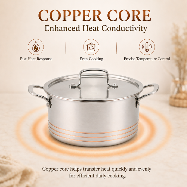 Factory Supply 5-ply Copper Pots 10 PCS Cookware Set With Stainless Steel Lid 5-ply Copper Pots Casserole Fine-line Design