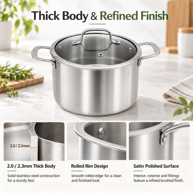 Factory Supply Tri-ply Stainless Steel Tall Stockpot Set With Stainless Steel Handle & Glass Lid Stockpot Suitable All Cooktops
