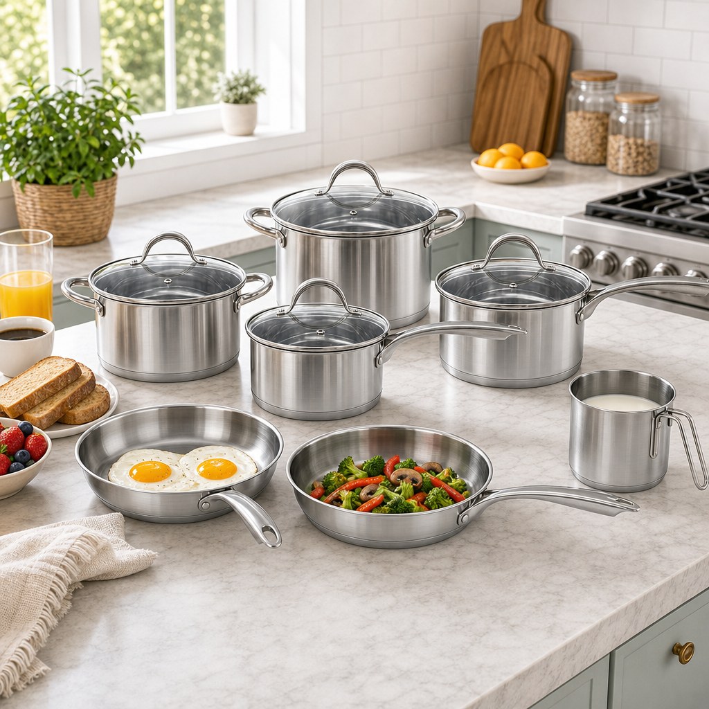Factory New Arrival 11 Pcs Stainless Steel Cooking Pots and Pans with Handle Cookware Set Brazed Bottom Cookware Set Casserole