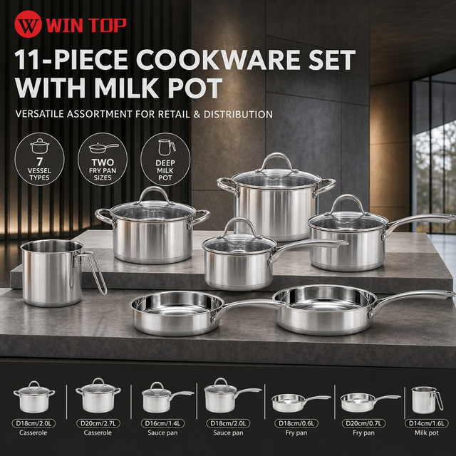 Factory New Arrival 11 Pcs Stainless Steel Cooking Pots and Pans with Handle Cookware Set Brazed Bottom Cookware Set Casserole