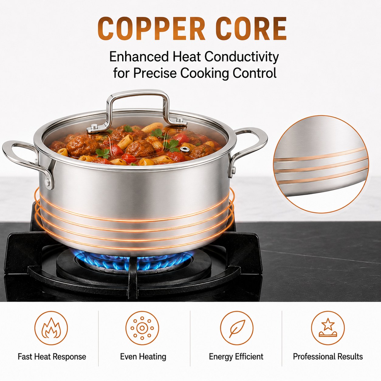Factory New Arrival 10 Pieces 5-ply Copper Cookware Sets 5-ply Kitchen Cooking Pot with Stainless Steel Handle Fine-line Design