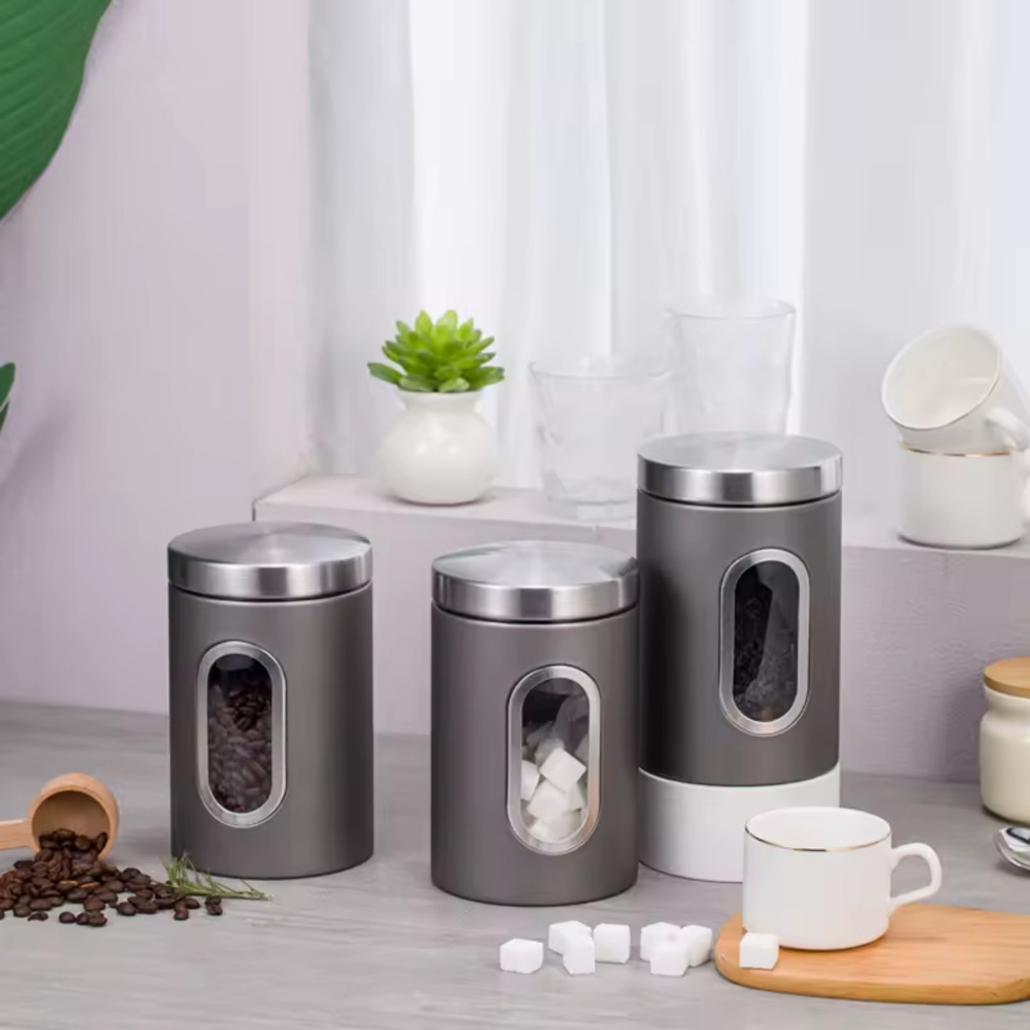 Kitchen Supplies Stainless Steel Storage Jars Visible Glass Sealed Jars Grain Tea Cans Food Storage Jars