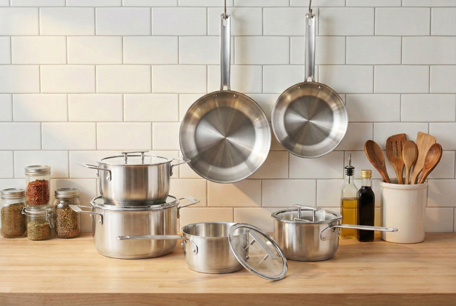 Factory New Arrival Stainless Steel Cookware Set with Handle Cooking Pots Brazed Bottom Cookware Set Saucepan Frypan