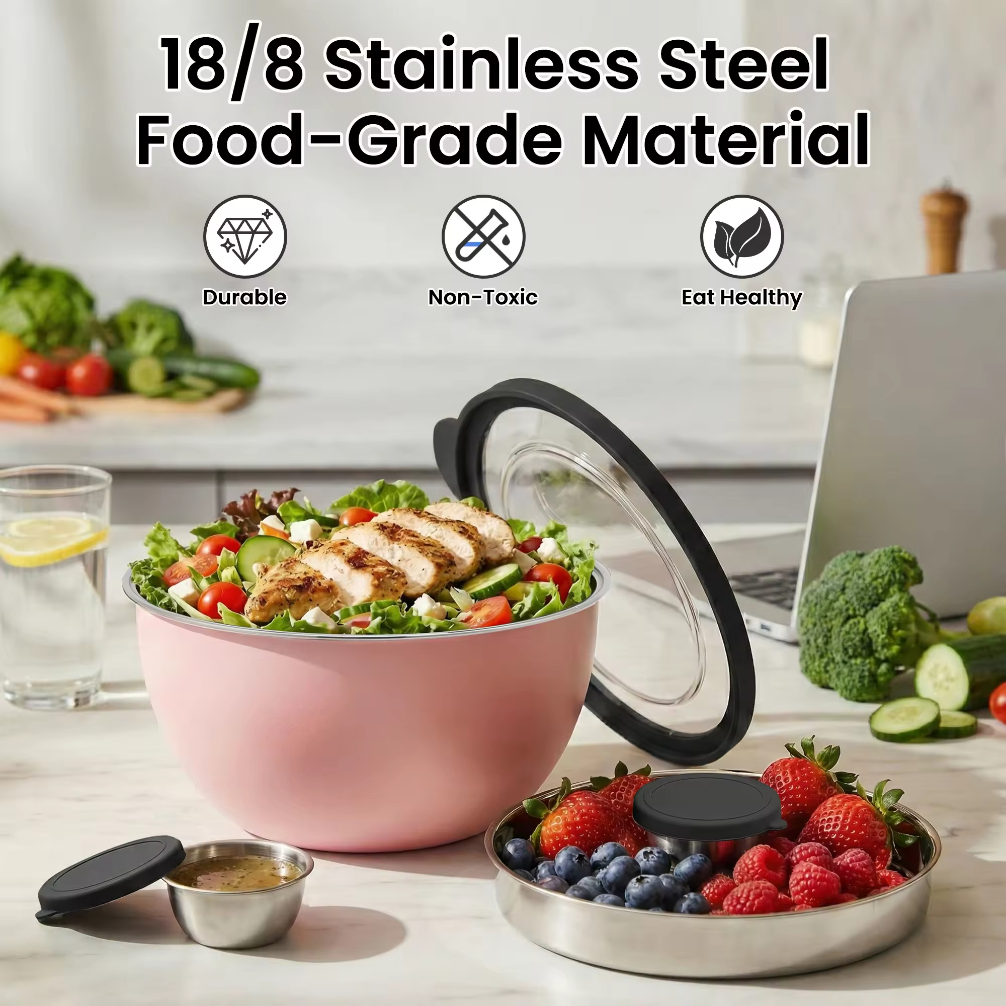 Wholesale Stainless Steel Salad Mixing Bowl Set With Tray Sauce Bowl Lid Home Kitchenware with Non-Slip Base Eco-Friendly