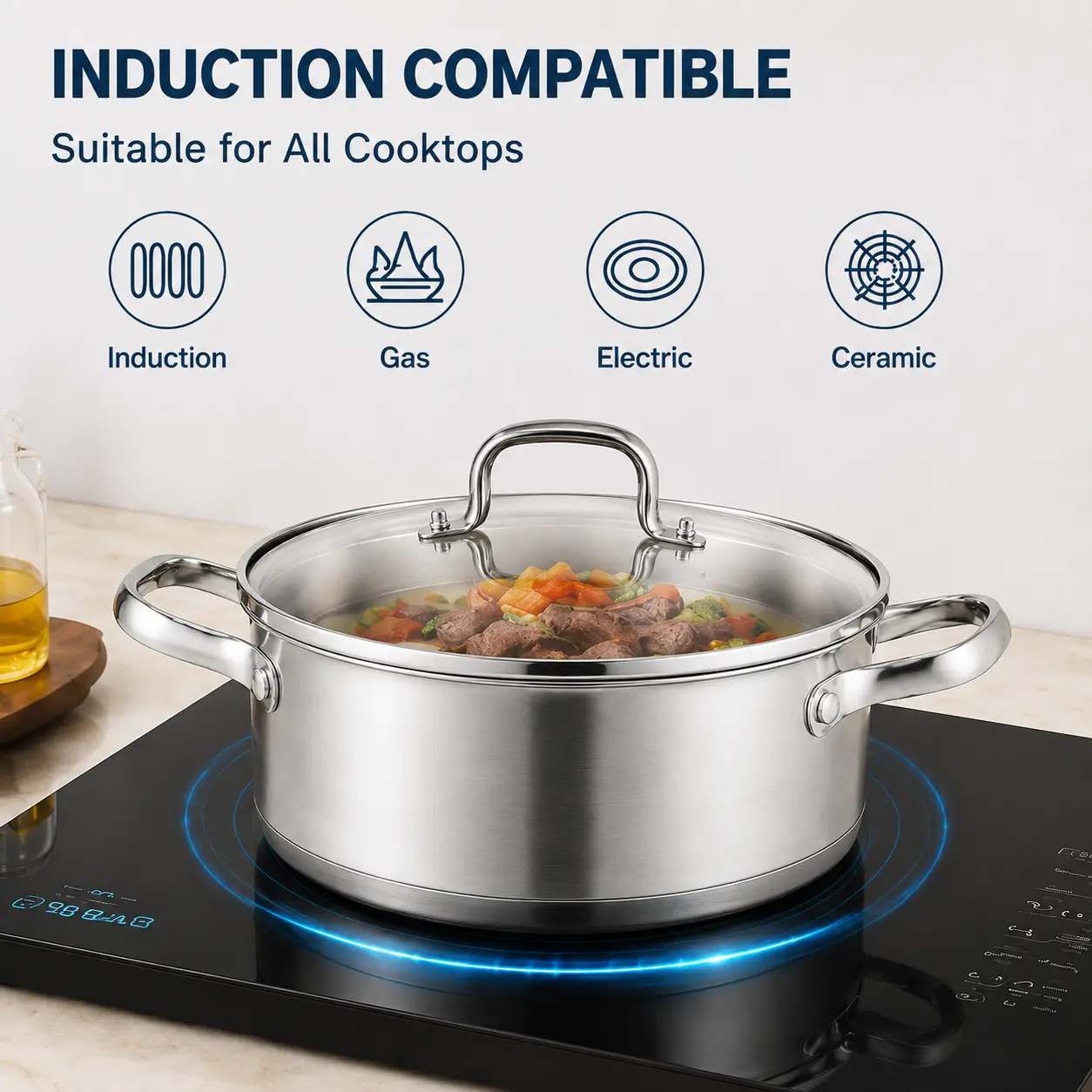 Factory Supply Stainless Steel Shallow Pot Set With Stainless Steel Handle & Glass Lid Brazed Bottom Shallow Pot