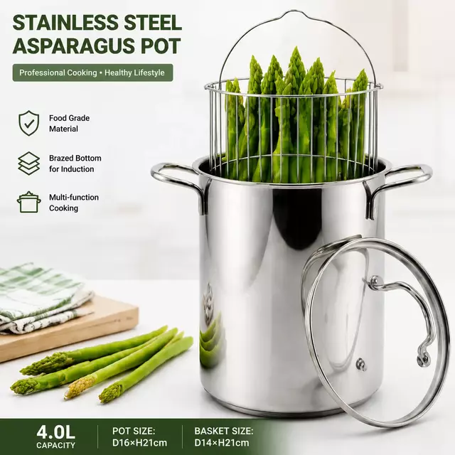 Factory Supply Wholesale Stainless Steel Deep Fryer Pot Asparagus Pot with Handle & Lid & Inner Rack Basket Tall Body Pasta Pot