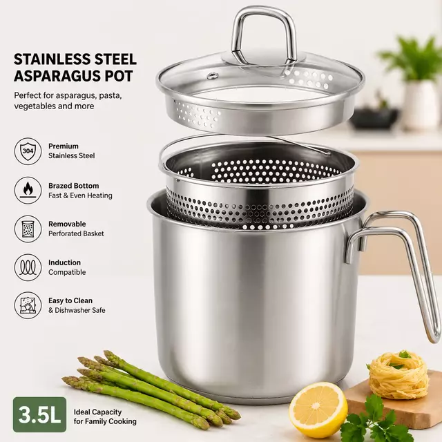 Factory Supply Wholesale Stainless Steel Deep Fryer Pot Asparagus Pot with Lid & Inner Rack Basket Tall Body Pasta Pot