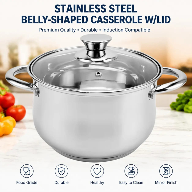 Factory Supply Stainless Steel Belly Shape Casserole Set With Stainless Steel Handle and Glass Lid Brazed Bottom Pots Casserole