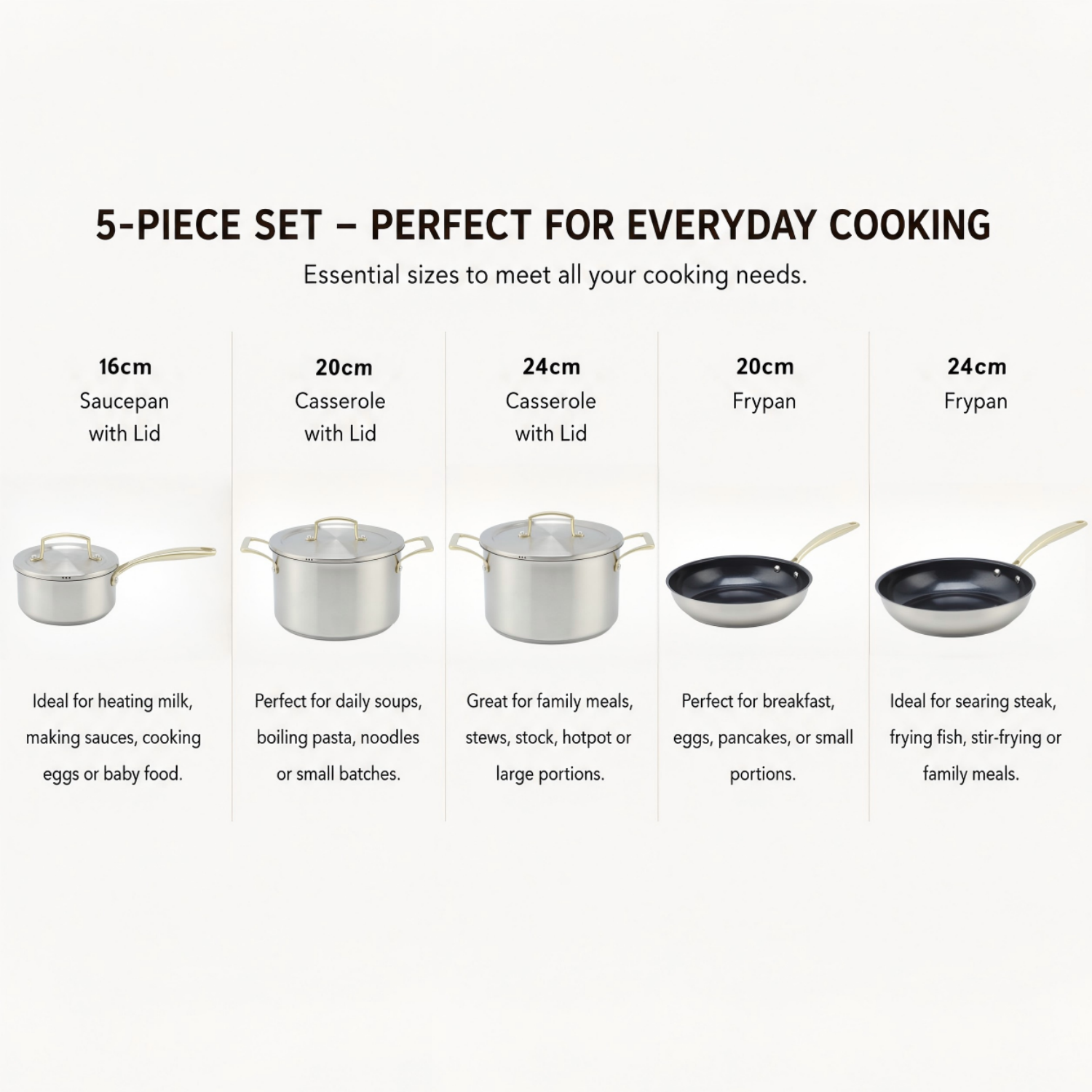 Factory New Arrival Stainless Steel Cookware Set with Golden Handle Cooking Pots Brazed Bottom Cookware Set Saucepan Casserole