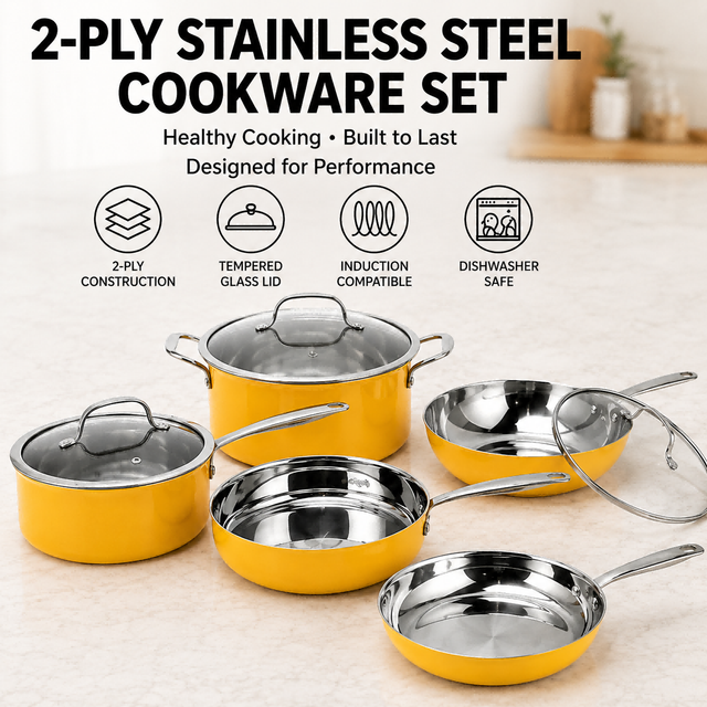 Factory New Arrival Wholesale 8 Pieces 2-ply Stainless Steel Kitchen Cooking Pan Pot Set 2-ply Cookware Sets with Handle