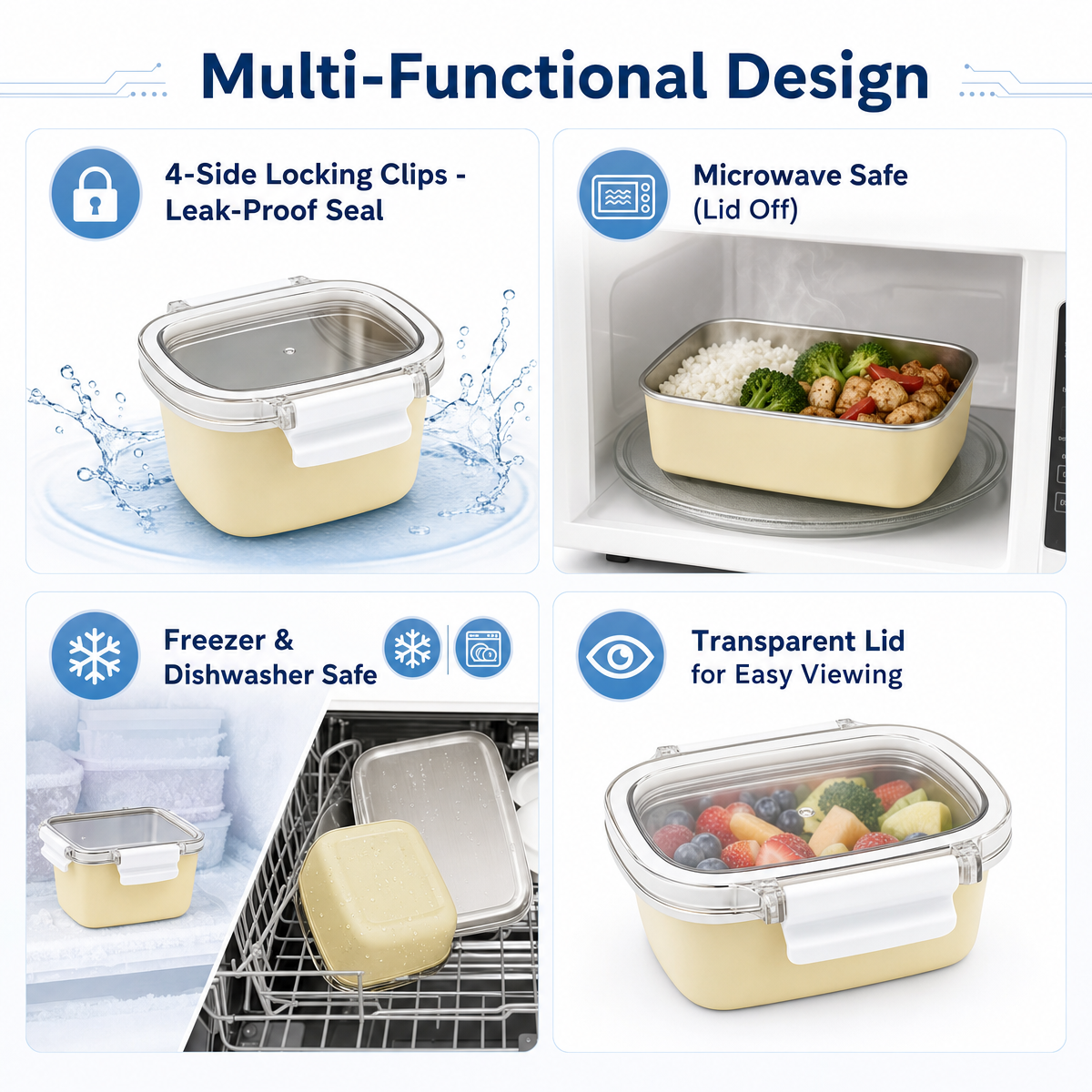 New Design 304 Stainless Steel Fresh-keeping Box Snap-on Refrigerator Storage Box Heating Food Grade Microwave Sealed Box