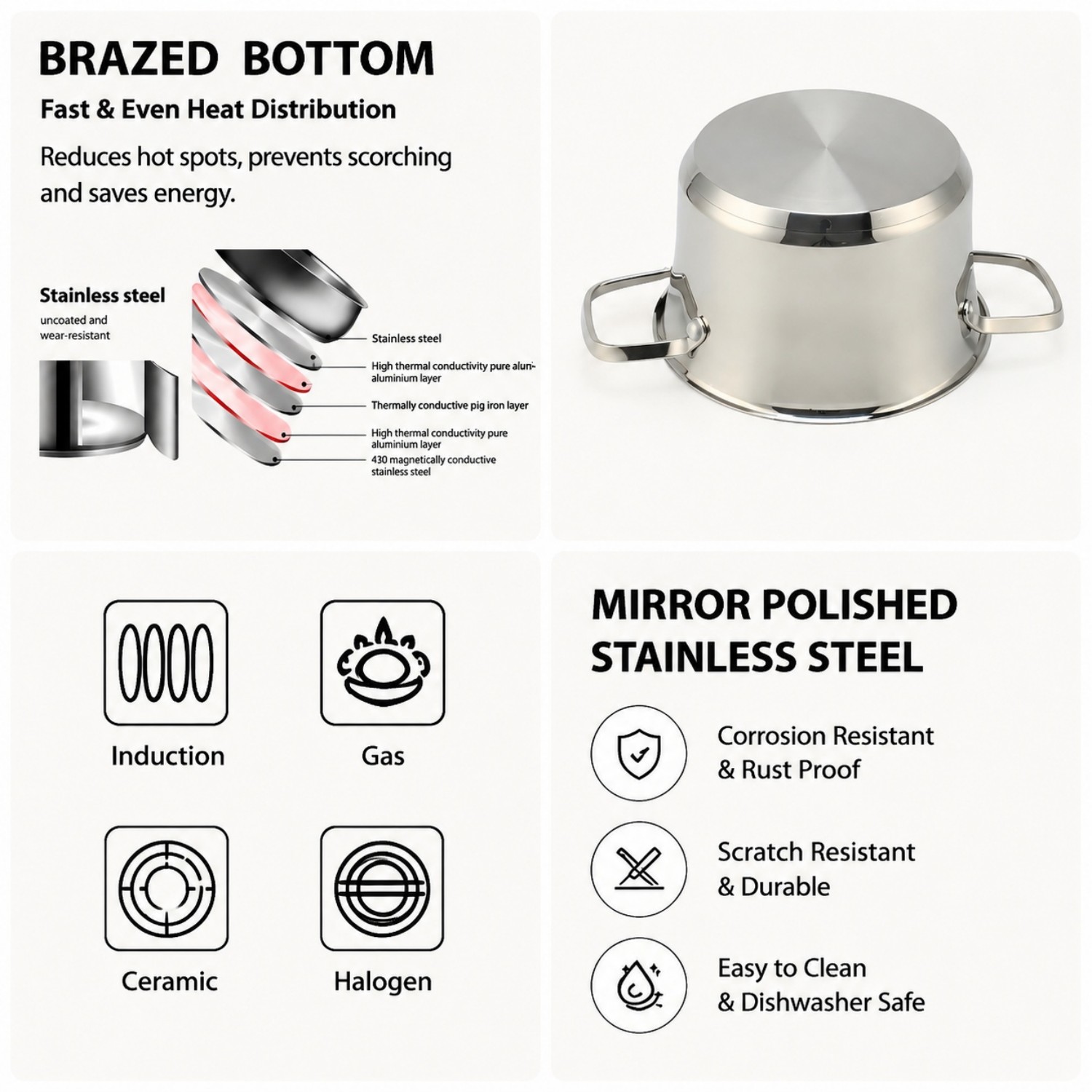 Factory Supply Stainless Steel Pots And Pans Cookware Set With Handle And Glass Cover Brazed Bottom Cookware Set Casserole