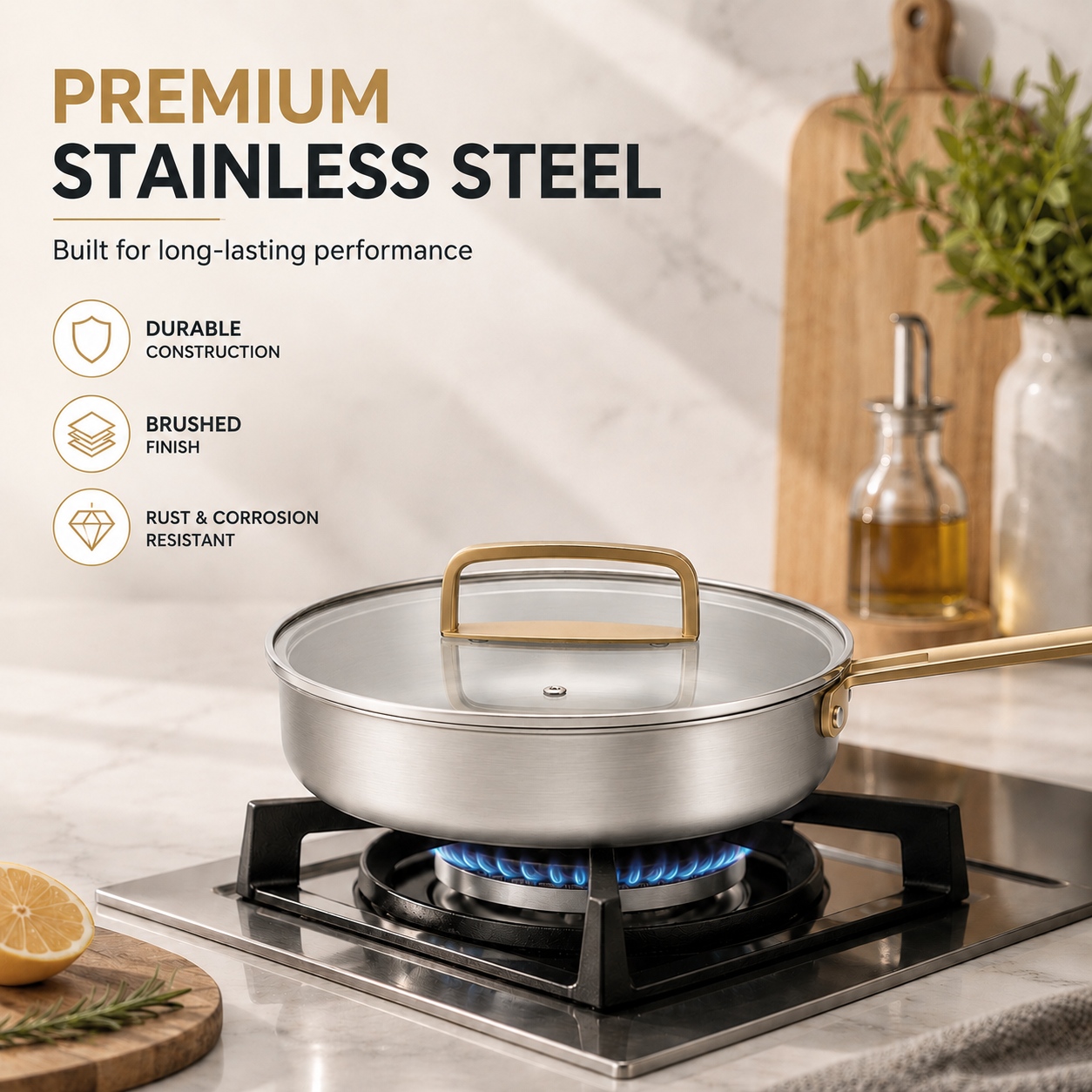 Factory New Arrival Multipurpose Tri-Ply Stainless Steel Saute Pan with Cover And Golden Handle Stainless Steel Deep Saute Pan