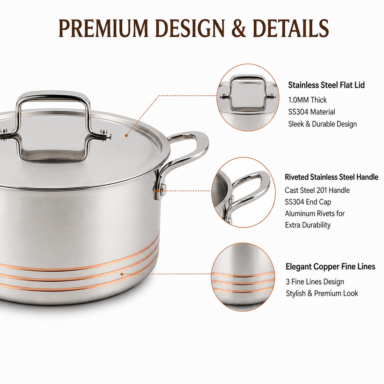 Factory New Arrival 10 Pieces 5-ply Copper Cookware Sets 5-ply Kitchen Cooking Pot with Stainless Steel Lid Fine-line Design