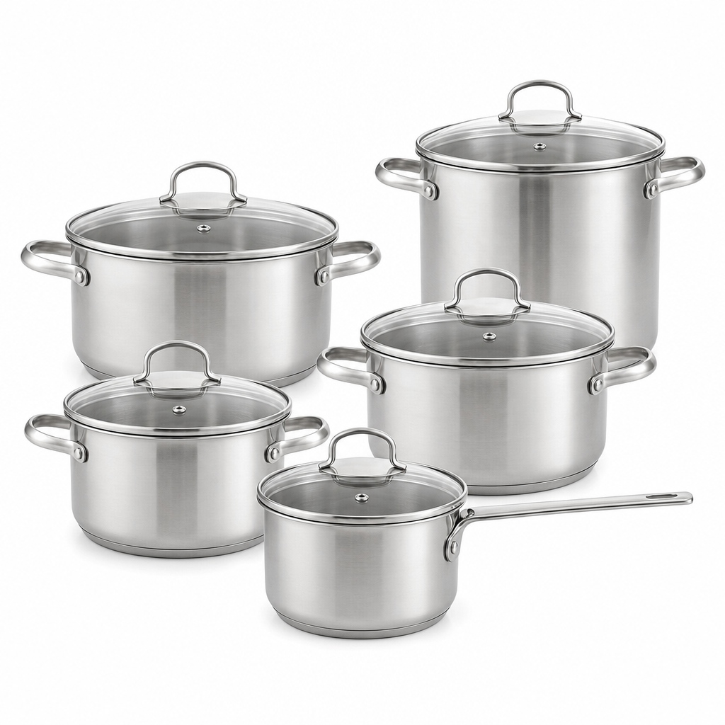Factory New Arrival 10 Pcs Stainless Steel Cookware Set with Handle Cooking Pots And Pans Brazed Bottom Cookware Set Casserole