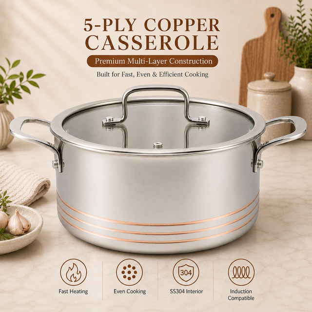 Factory Supply 5-ply Copper Pots and Pans 10 PCS Cookware Set With Handle and Lid 5-ply Copper Pots Casserole Fine-line Design