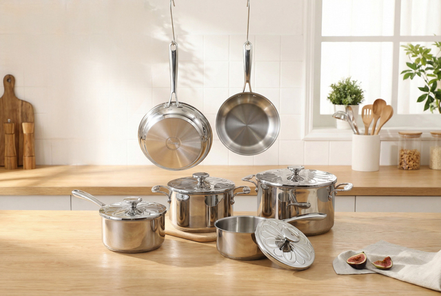 Factory New Arrival Stainless Steel Cookware Set Cooking Pots Impact Bonded Bottom Cookware Set Frypan Saucepan