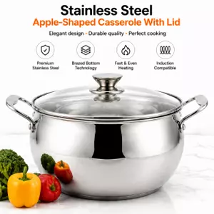 Factory Supply Stainless Steel Apple-Shaped Casserole With Stainless Steel Handle and 4mm Glass Lid Brazed Bottom Pots Casserole