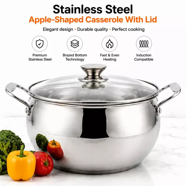 Factory Supply Stainless Steel Apple-Shaped Casserole With Stainless Steel Handle and 4mm Glass Lid Brazed Bottom Pots Casserole