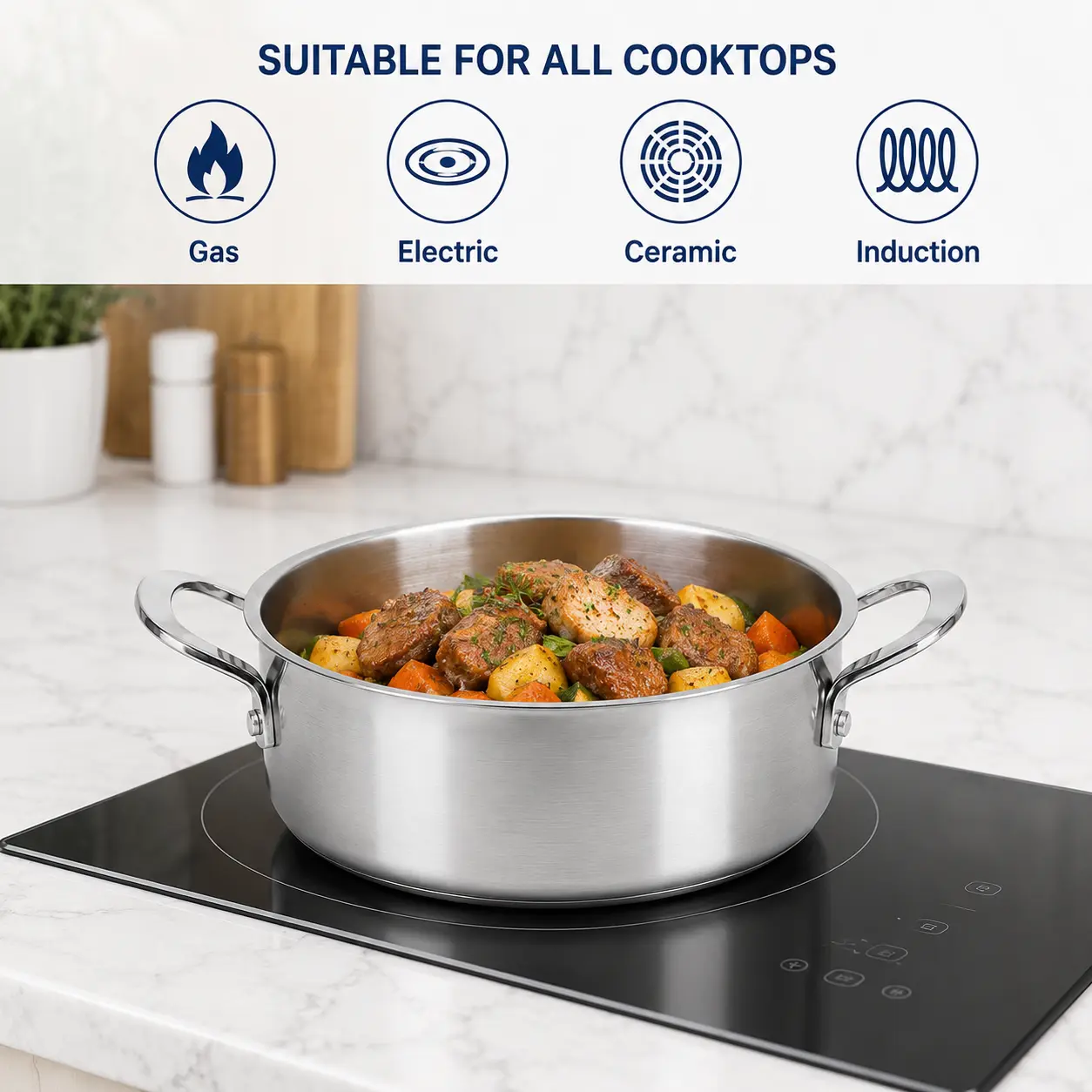 Factory Supply Stainless Steel Shallow Pot Set With Stainless Steel Handle & Lid Brazed Bottom Stockpot Suitable All Cooktops