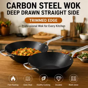 Factory New Arrival Design Seasoned Carbon Steel 30/35 cm Wok Pan Naturally No Coating Wok Pans Skillets Induction Compatible