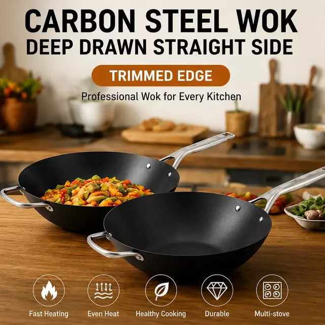 Factory New Arrival Design Seasoned Carbon Steel 30/35 cm Wok Pan Naturally No Coating Wok Pans Skillets Induction Compatible