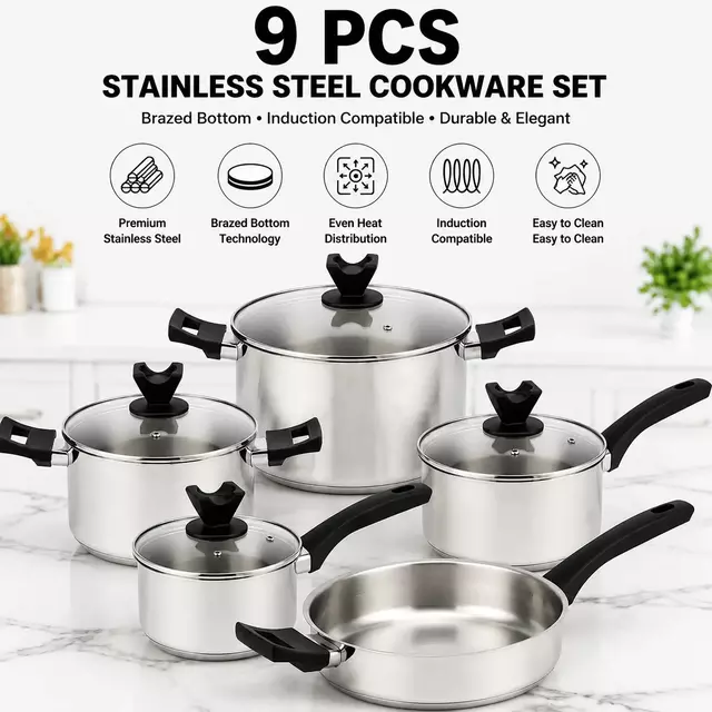 Factory New Arrival Stainless Steel Cookware Set with Bakelite Handle Cooking Pots and Pans Brazed Bottom Cookware Set Saucepan