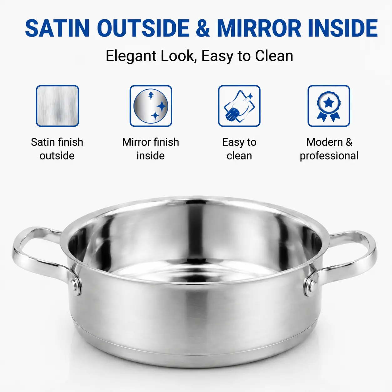 Factory Supply Stainless Steel Shallow Pot Set With Stainless Steel Handle & Glass Lid Brazed Bottom Shallow Pot