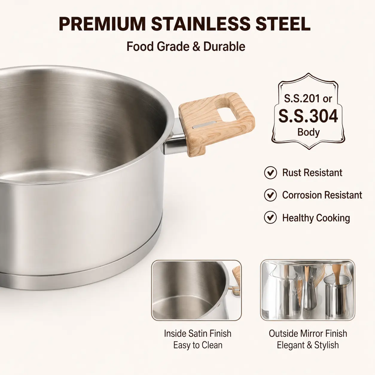 Factory New Arrival Stainless Steel Cookware Set with Bakelite Handle Cooking Pots and Pans Brazed Bottom Cookware Set Saucepan Casserole