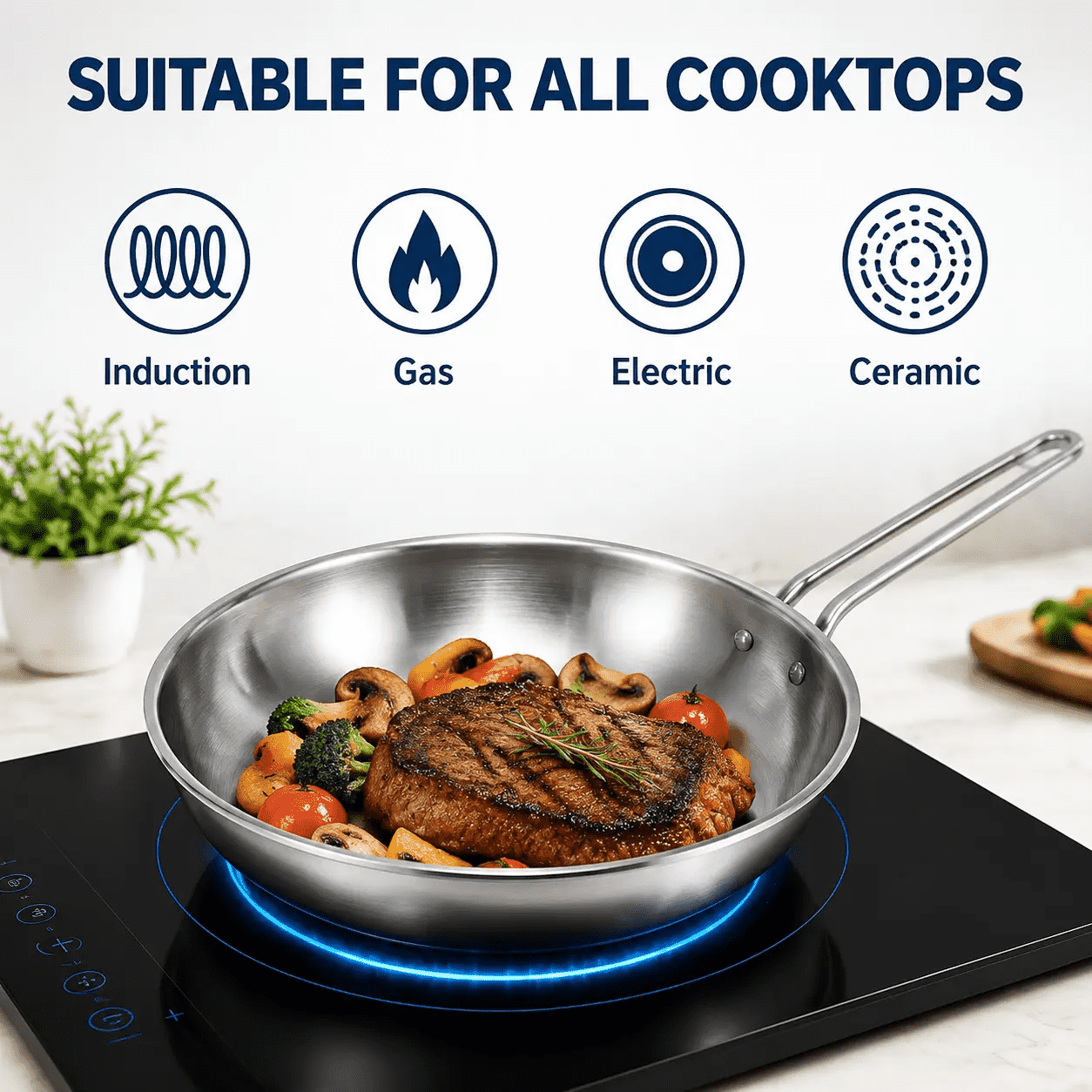 Factory Supply Wholesale Stainless Steel Frypan Sets Kitchen Cooking Brazed Bottom Frying Pan Set with Stainless Steel Handle