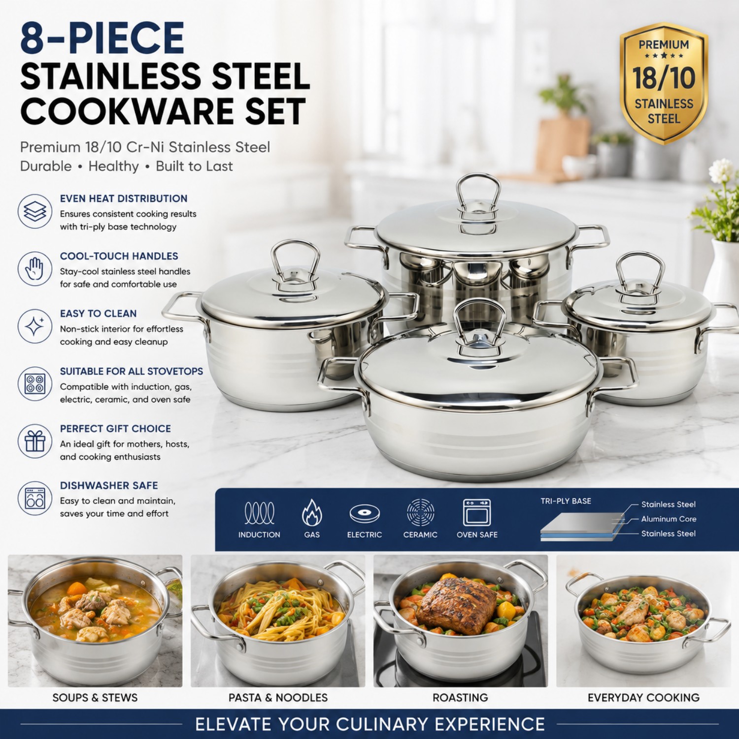 Factory New Arrival Stainless Steel Cookware Set with Handle Cooking Pots Brazed Bottom Cookware Set Casserole Set Soup & Stock Pots With Lids