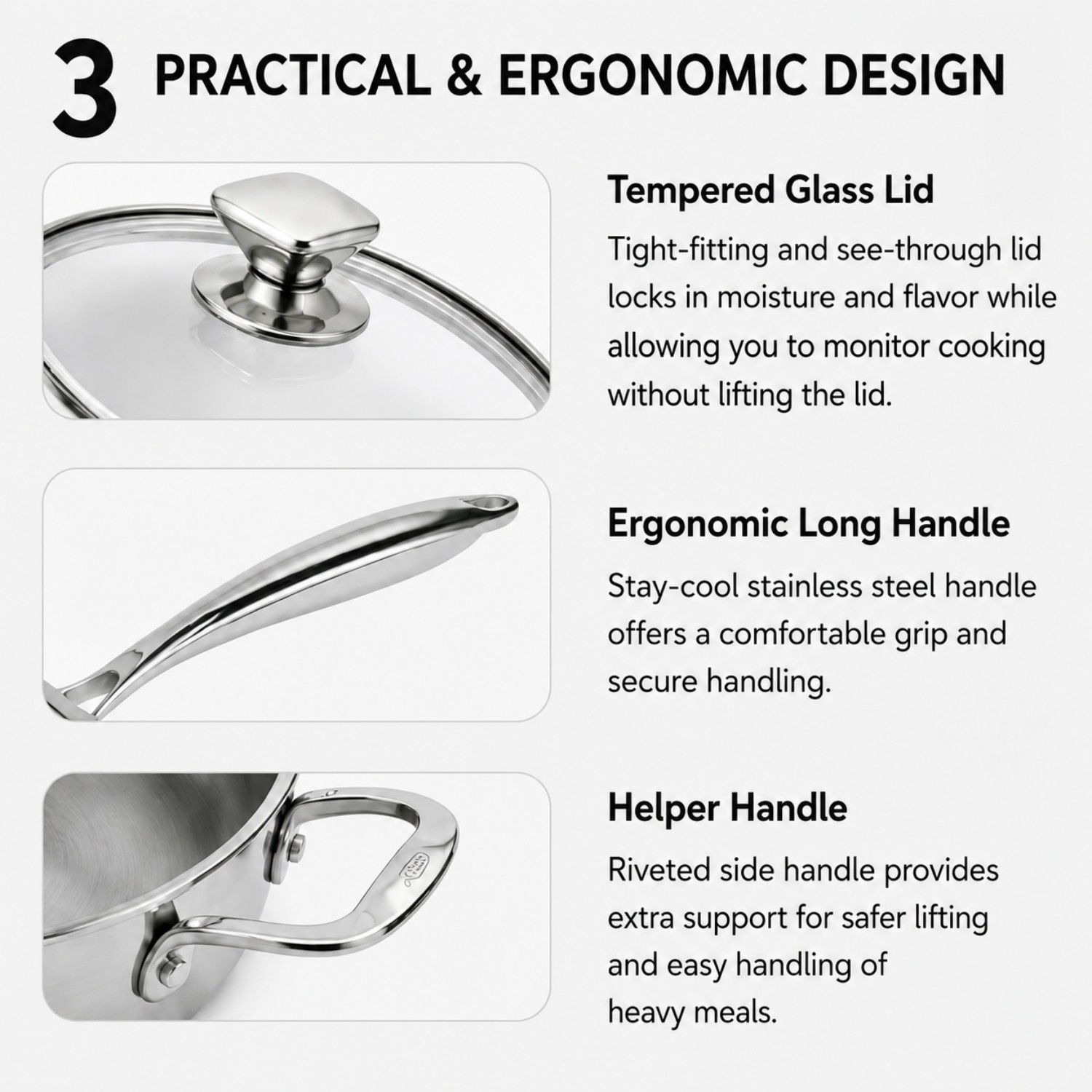 Factory New Arrival Multipurpose Tri-Ply Stainless Steel Saute Pan with Cover and Helper Handle Stainless Steel Deep Saute Pan