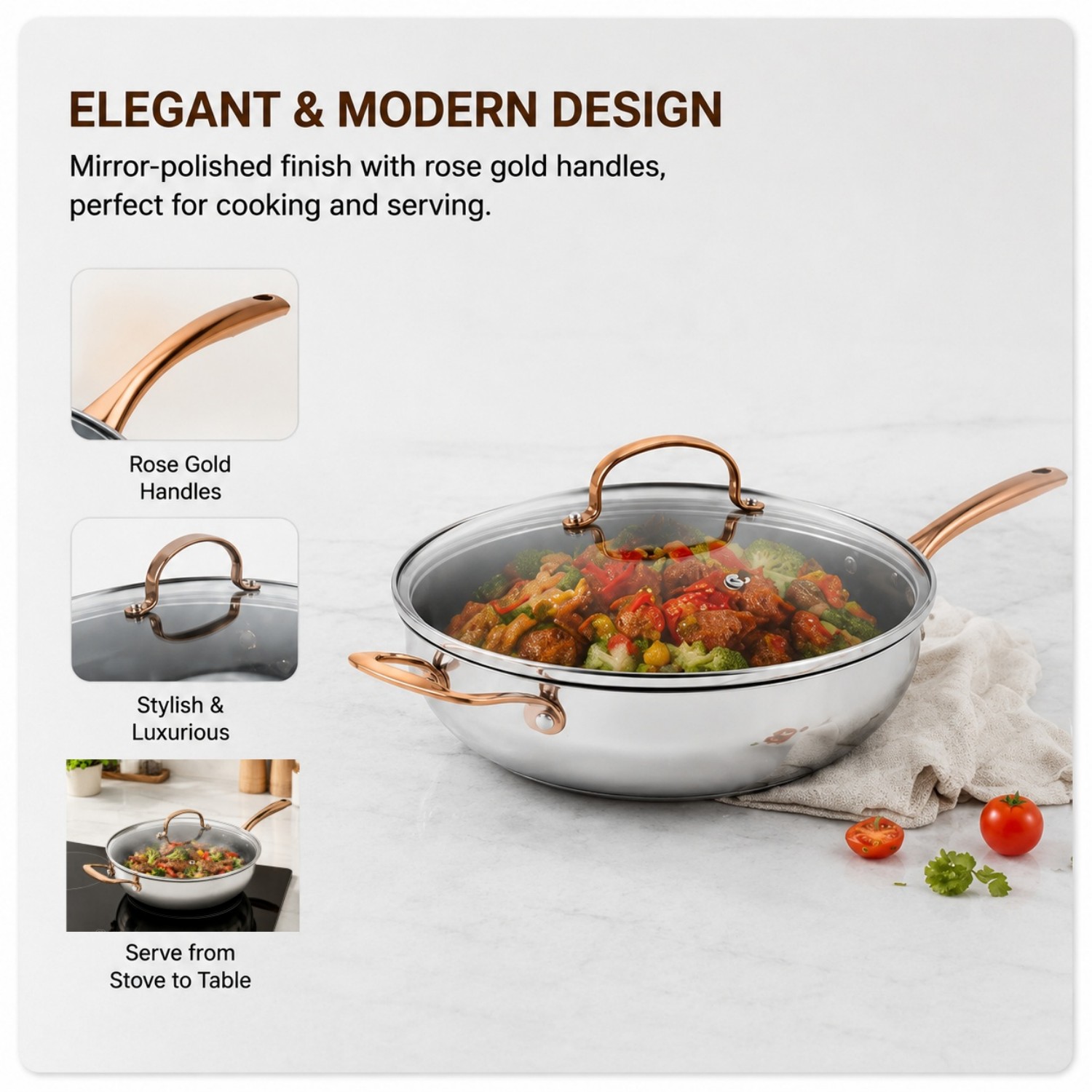 2026 New Multipurpose Impact Bonded Bottom Stainless Steel Saute Pan with Cover And Helper Handle Stainless Steel Deep Saute Pan