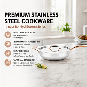 New Multipurpose Impact Bonded Bottom Stainless Steel Saute Pan with Cover And Helper Handle Stainless Steel Deep Saute Pan