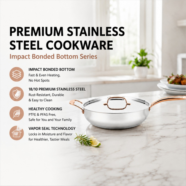 New Multipurpose Impact Bonded Bottom Stainless Steel Saute Pan with Cover And Helper Handle Stainless Steel Deep Saute Pan