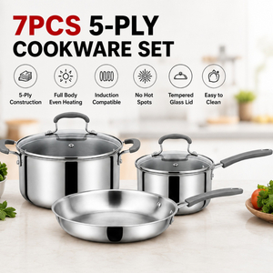 Factory New Arrival 7Pieces 5-ply Stainless Steel Cookware Set 5-ply Kitchen Pot Set with Stainless Steel Handle + Silicone Wrap