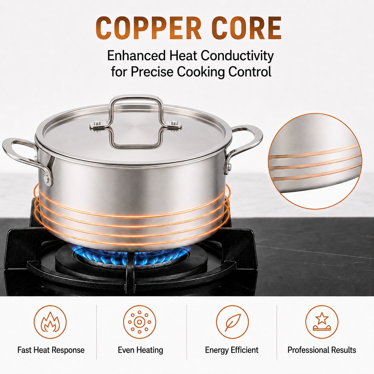 Factory New Arrival 10 Pieces 5-ply Copper Cookware Sets 5-ply Kitchen Cooking Pot with Stainless Steel Lid Fine-line Design