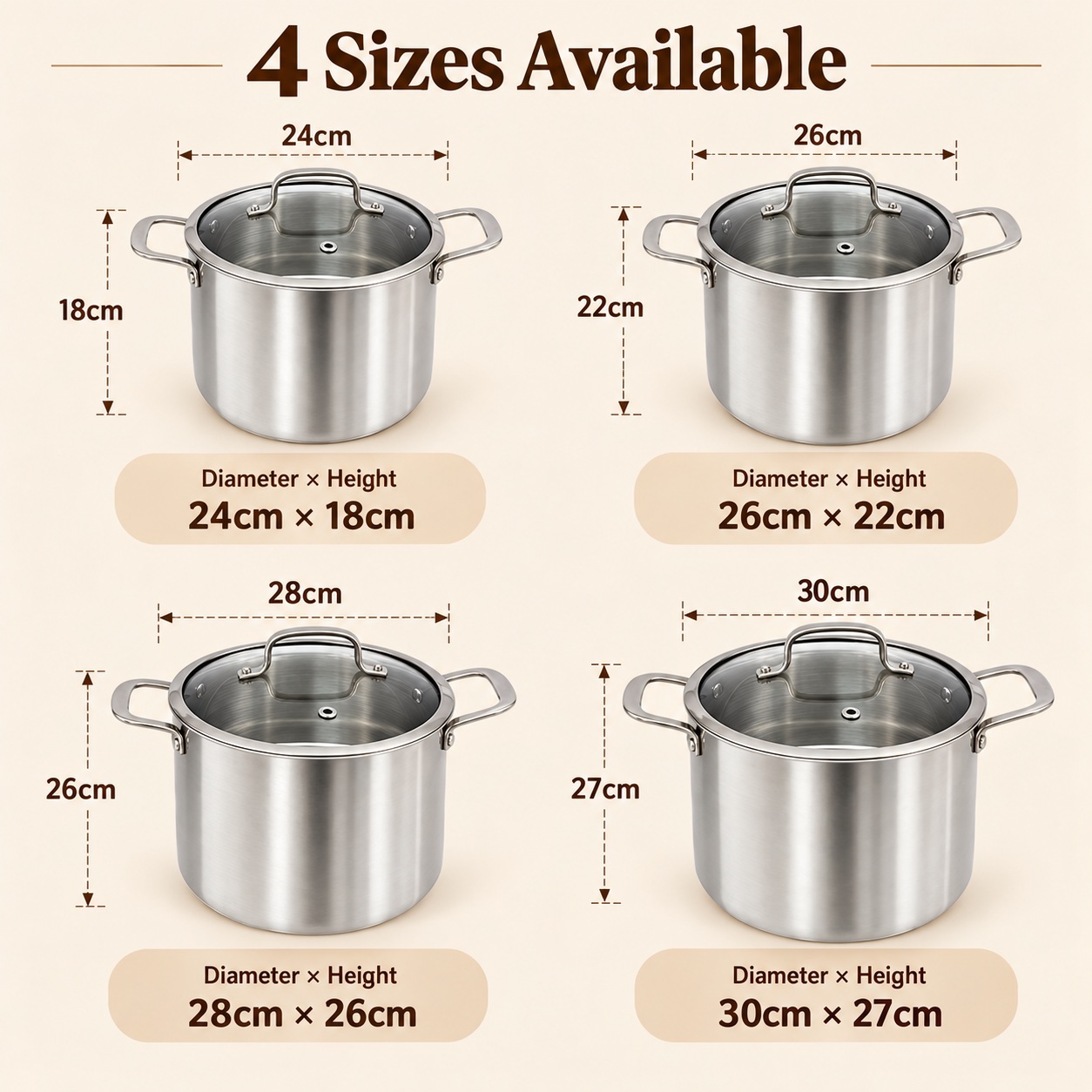 Factory Supply Tri-ply Stainless Steel Tall Stockpot Set With Stainless Steel Handle & Glass Lid Stockpot Suitable All Cooktops