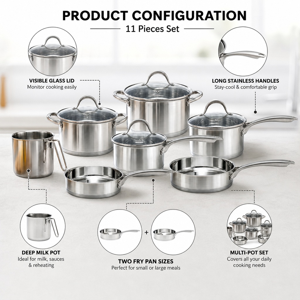 Factory New Arrival 11 Pcs Stainless Steel Cooking Pots and Pans with Handle Cookware Set Brazed Bottom Cookware Set Casserole