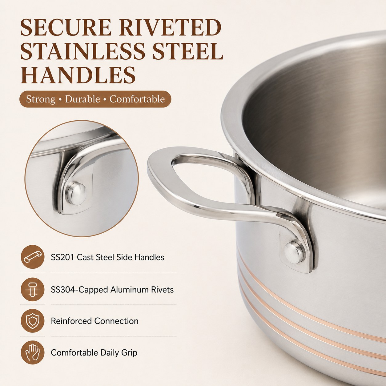 Factory Supply 5-ply Copper Pots and Pans 10 PCS Cookware Set With Handle and Lid 5-ply Copper Pots Casserole Fine-line Design