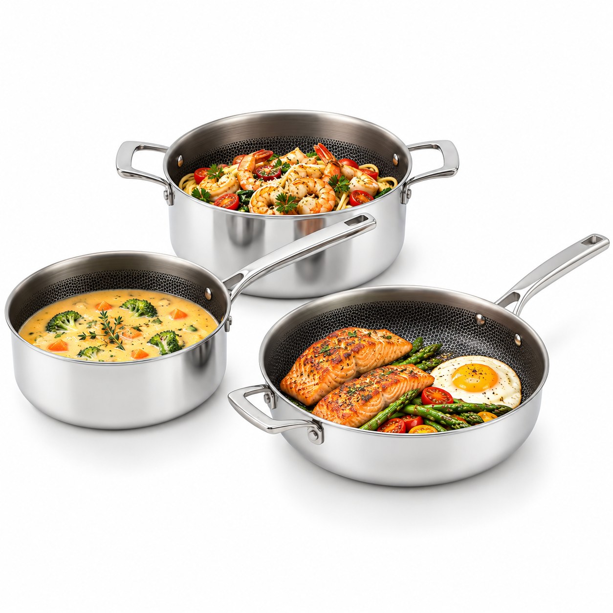 Factory New Arrival 7 Pieces 3-ply Titanium Cookware Sets 3-ply Kitchen Cooking Pot with Handle & Lid with MAO Technology