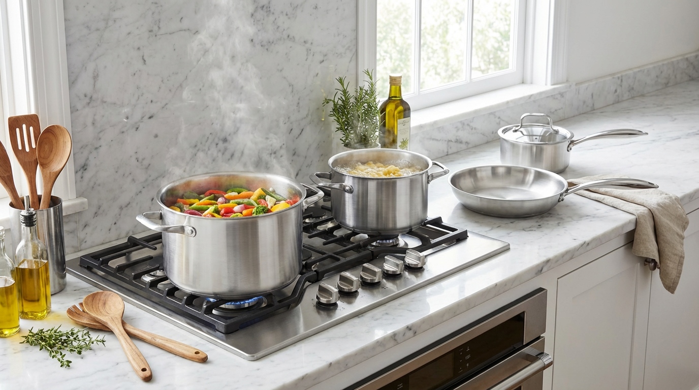 Factory New Arrival Stainless Steel Cookware Set Cooking Pots With Handle Impact Bonded Bottom Cookware Set Frypan Saucepan