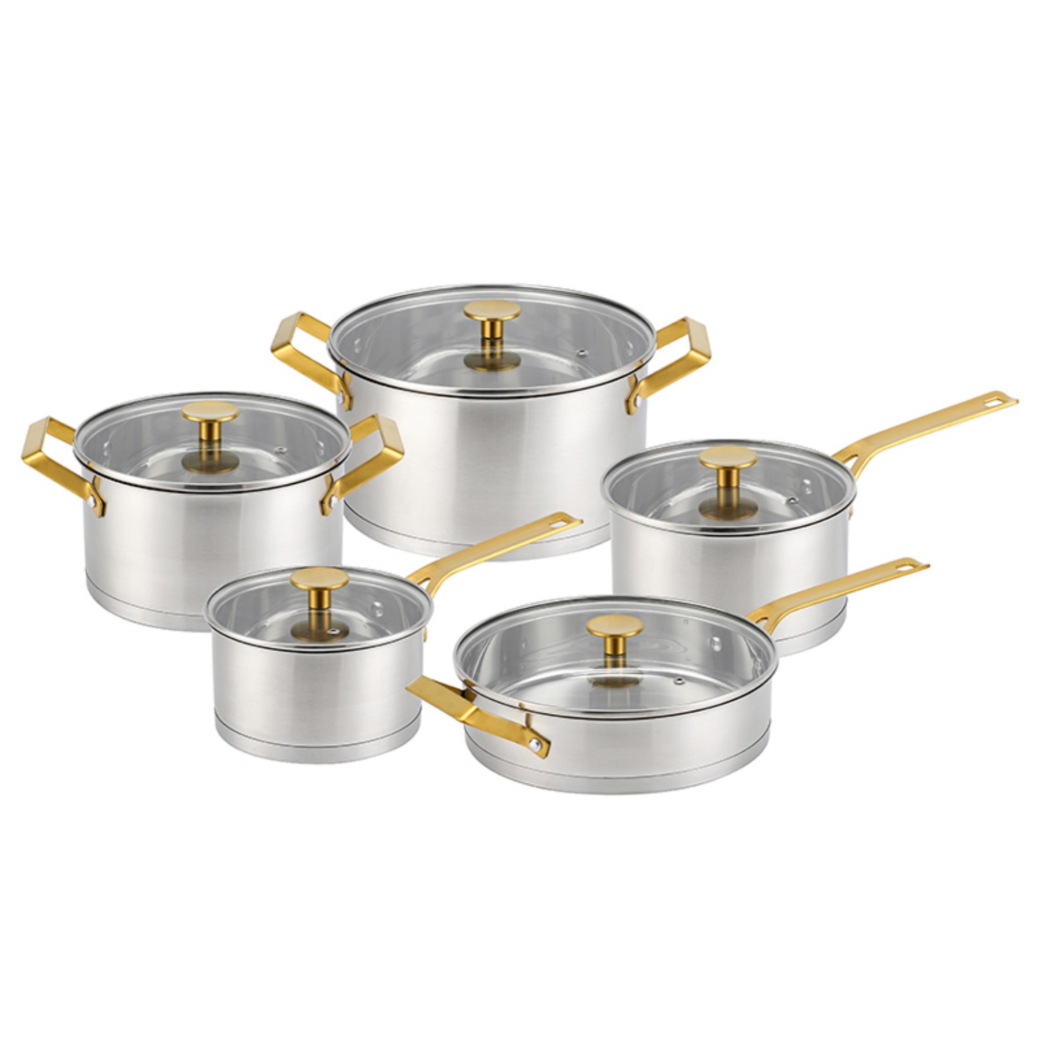 Factory New Arrival Stainless Steel Cookware Set with Golden Handle Cooking Pots Brazed Bottom Cookware Set Saucepan Saute Pan