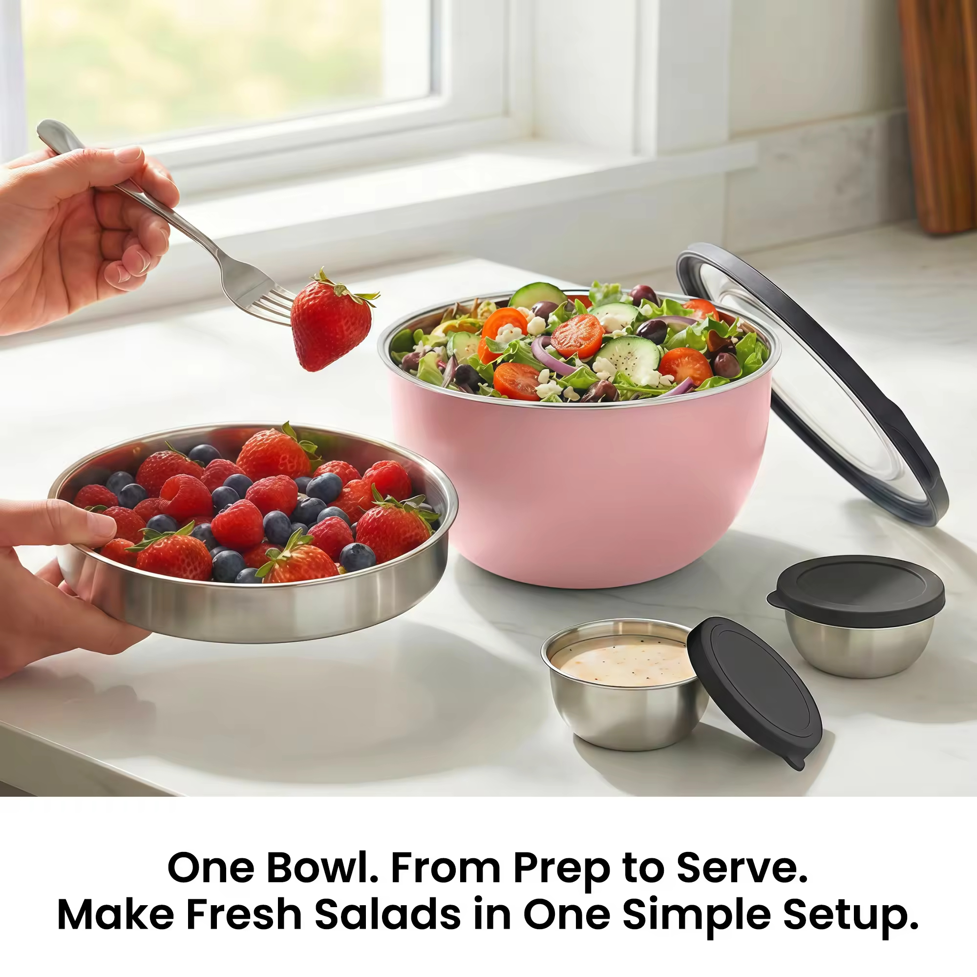 Wholesale Stainless Steel Salad Mixing Bowl Set With Tray Sauce Bowl Lid Home Kitchenware with Non-Slip Base Eco-Friendly