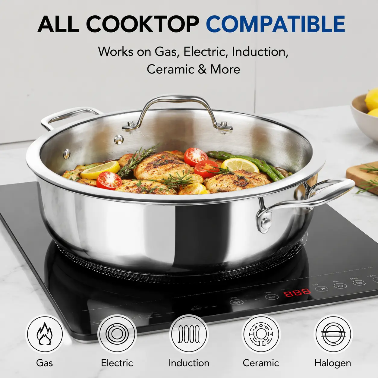 Factory Supply Stainless Steel Shallow Pot With Stainless Steel Handle and Glass Lid Brazed Bottom Pots Shallow Pot All Cooktops