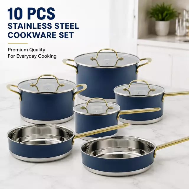 Factory New Arrival Stainless Steel Cookware Set with Golden Handle Cooking Pots and Pans Brazed Bottom Cookware Set Saucepan